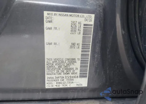 2016 Nissan Altima 2.5/2.5 S/2.5 Sl/2.5 Sr/2.5 Sv z USA, uszkodzony, nr VIN 1N4AL3AP7GN359468